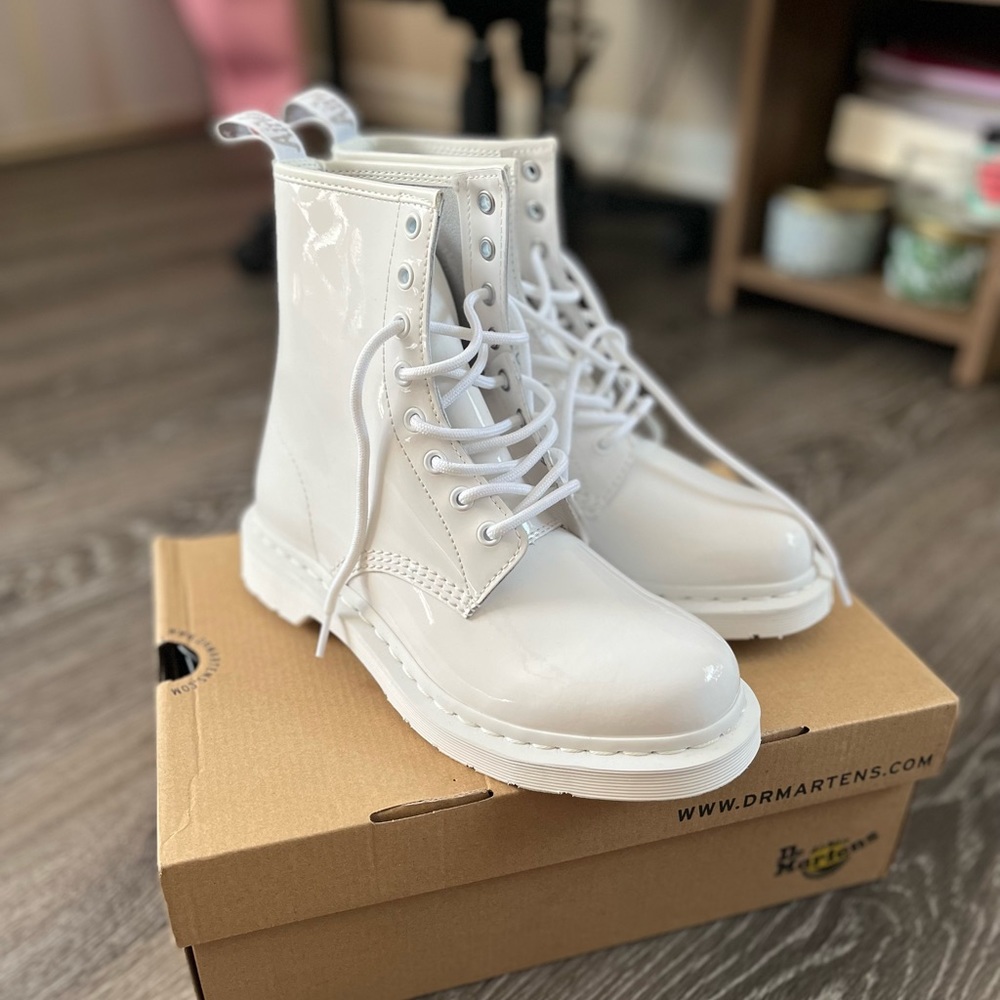 Dr. Martens White Patent Leather Combat Boots